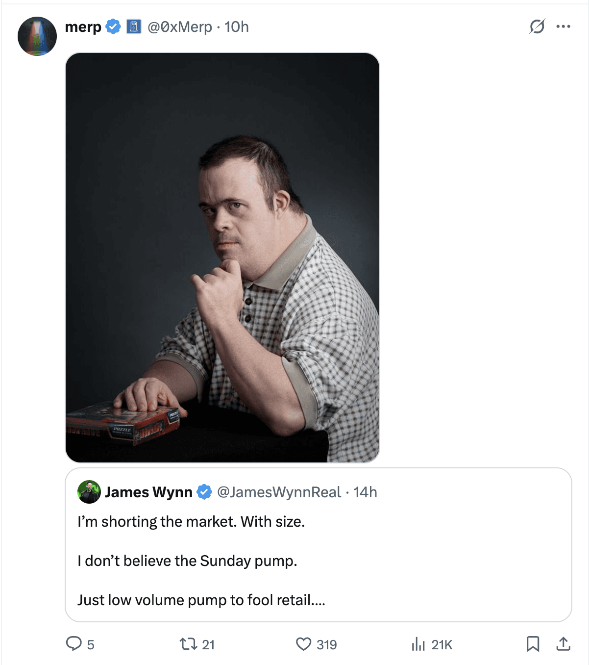 Crypto meme tagged james wynn, crypto trading, shorting, market