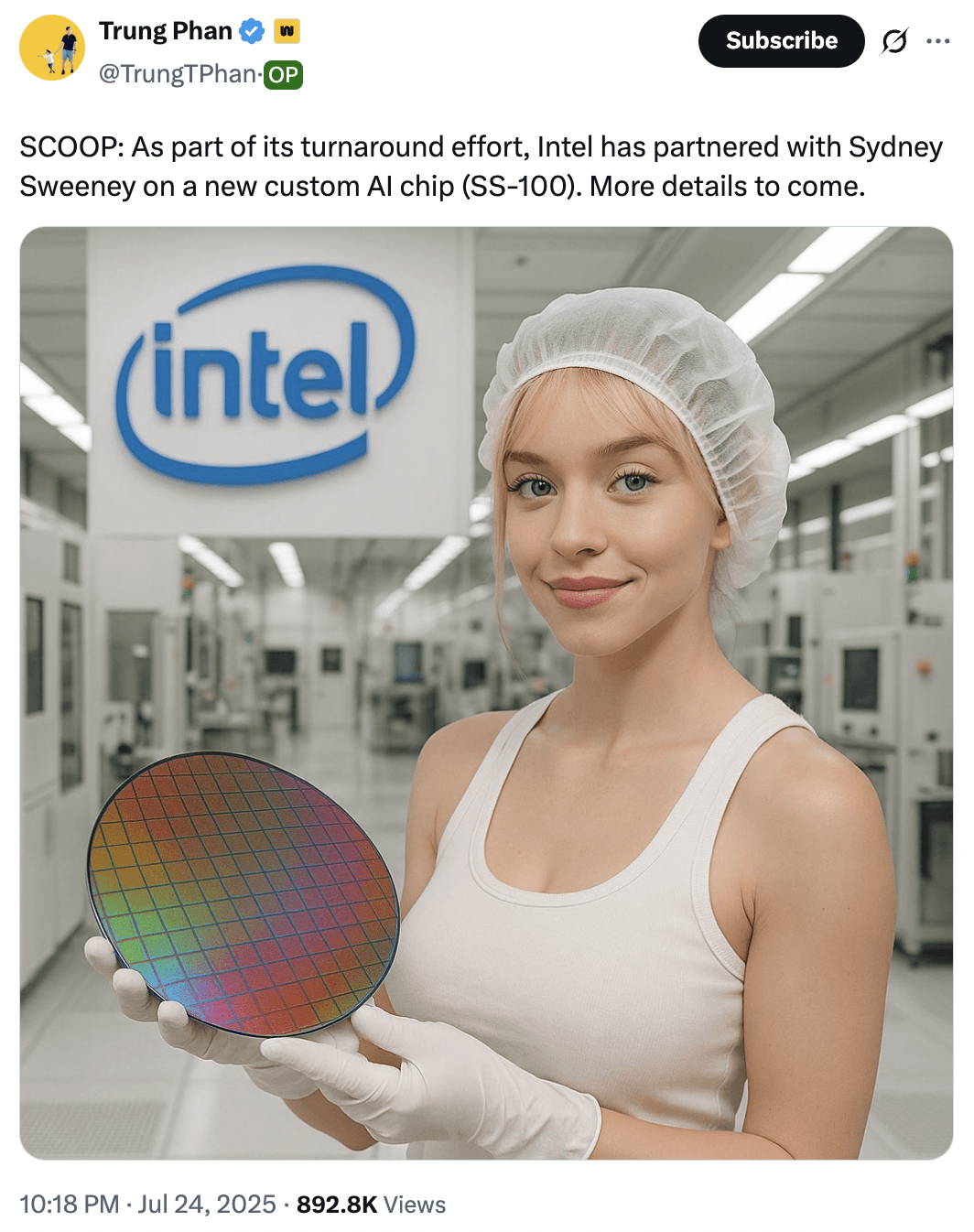 Crypto meme tagged intel, ai chip, silicon wafer, twitter