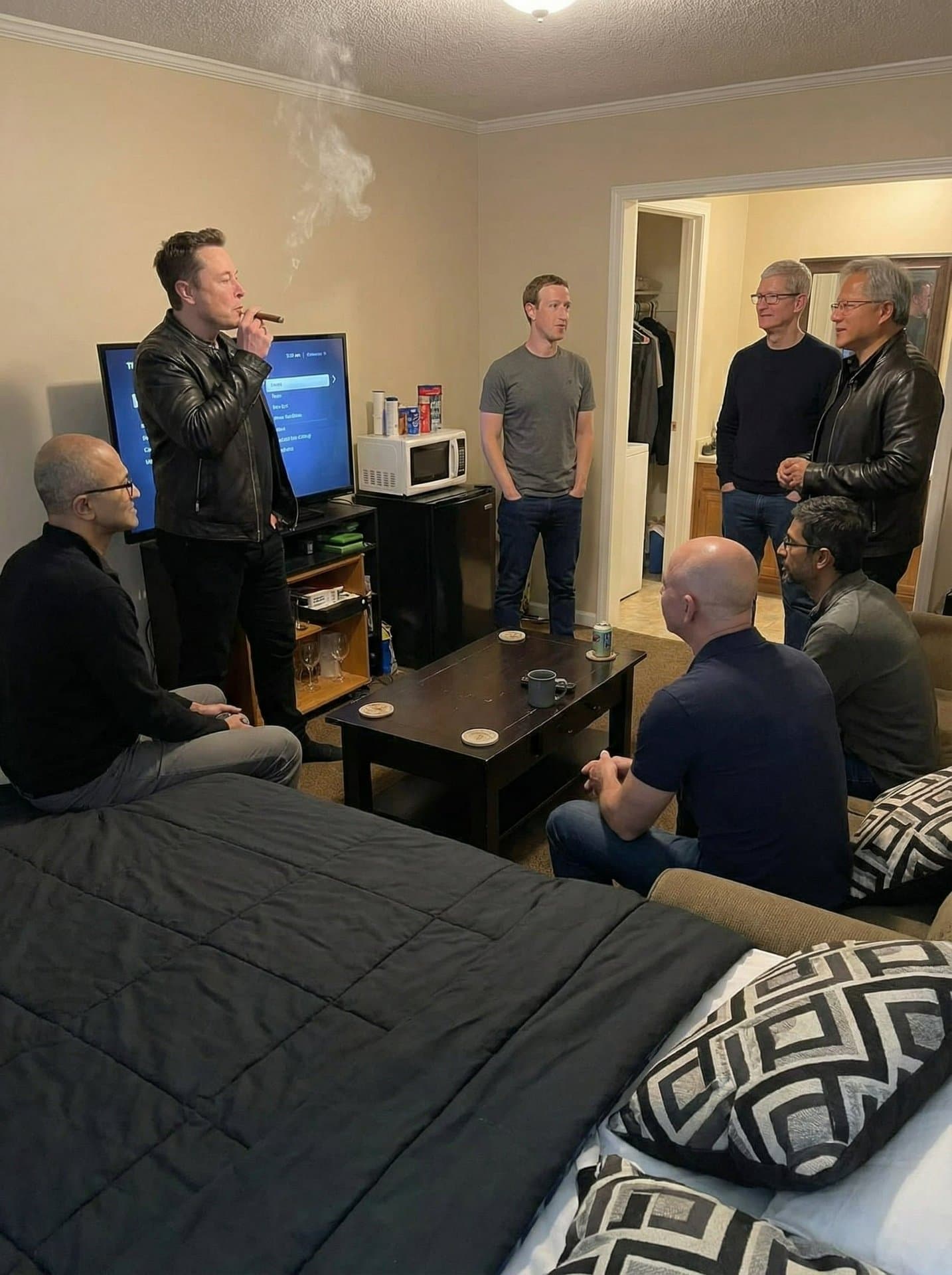 Crypto meme tagged elon musk, mark zuckerberg, satya nadella, ai generated