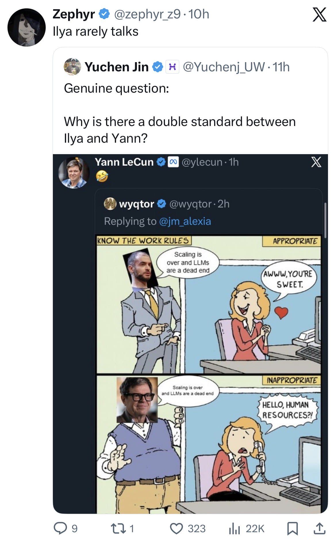 Crypto meme tagged ai debate, tech twitter, ilya sutskever, scaling laws