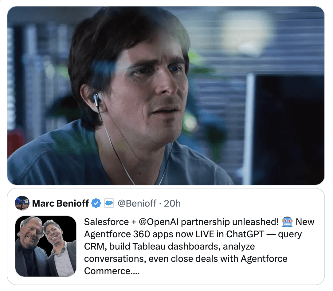 Crypto meme tagged salesforce, agentforce, twitter, the big short