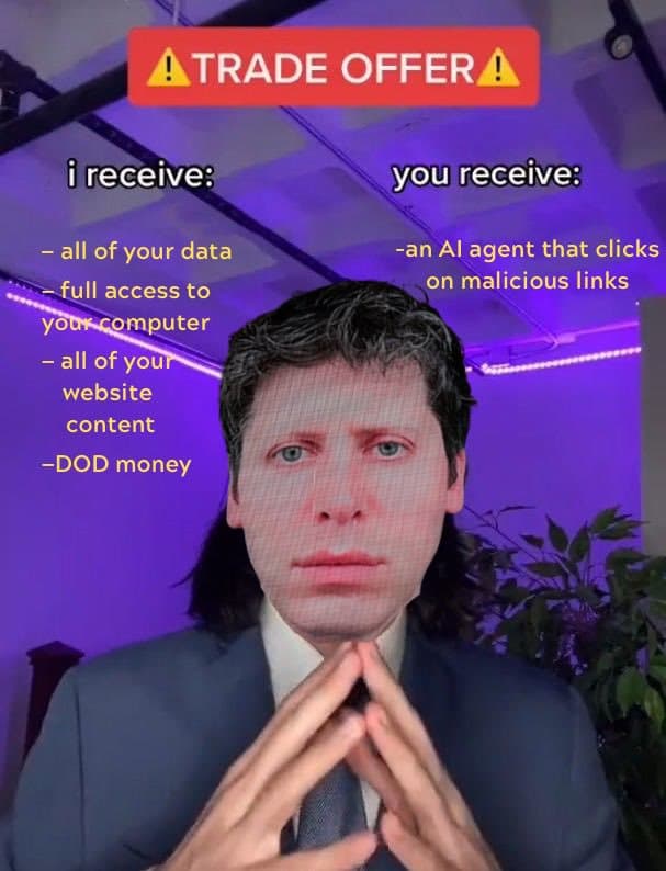 Crypto meme tagged sam altman, trade offer, ai agent, data privacy