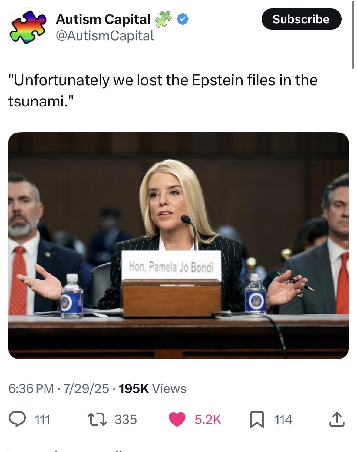 Crypto meme tagged conspiracy, pamela bondi, epstein, politics